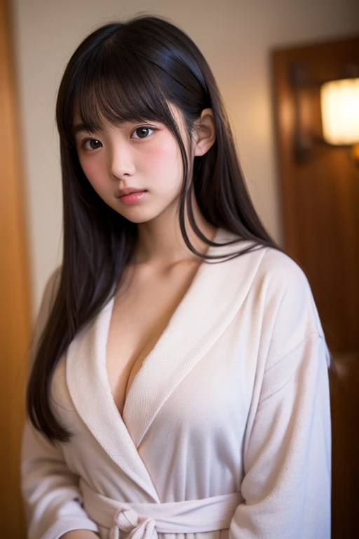 (nsfw:1.5)、masterpiece, highest quality, one girl, (beautiful girl, delicate girl:1.3), (15 years old:1.3), very fine resolution, (symmetrical eyes:1.3), (Bedroom:1.2), (white bathrobe, cute、good:1.3), small breasts, brown eyes, parted bangs, brown hair, petit girl, (Eye and face details:1.1), (upper teeth, best smile:0.1), (get closer to the face, zoom in on the face, face focus:1.2)