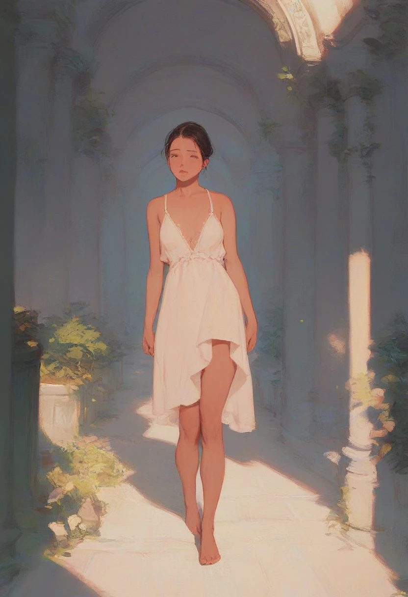 alone in the universe, in watercolor style, Photorealism, discreet golden and ruby and mint shades, (nude) a gentle, modest, thin girl of 16 years old with a very beautiful, sophisticated face of the southern type with a short dark hairstyle with beautiful breasts with tender nipples (barefoot) in a long old beige skirt walking in the distance (Across the desert), stunted little plants, drought, precious jewelry on the neck and chest and on the wrists, precious bracelets, ankle bracelets