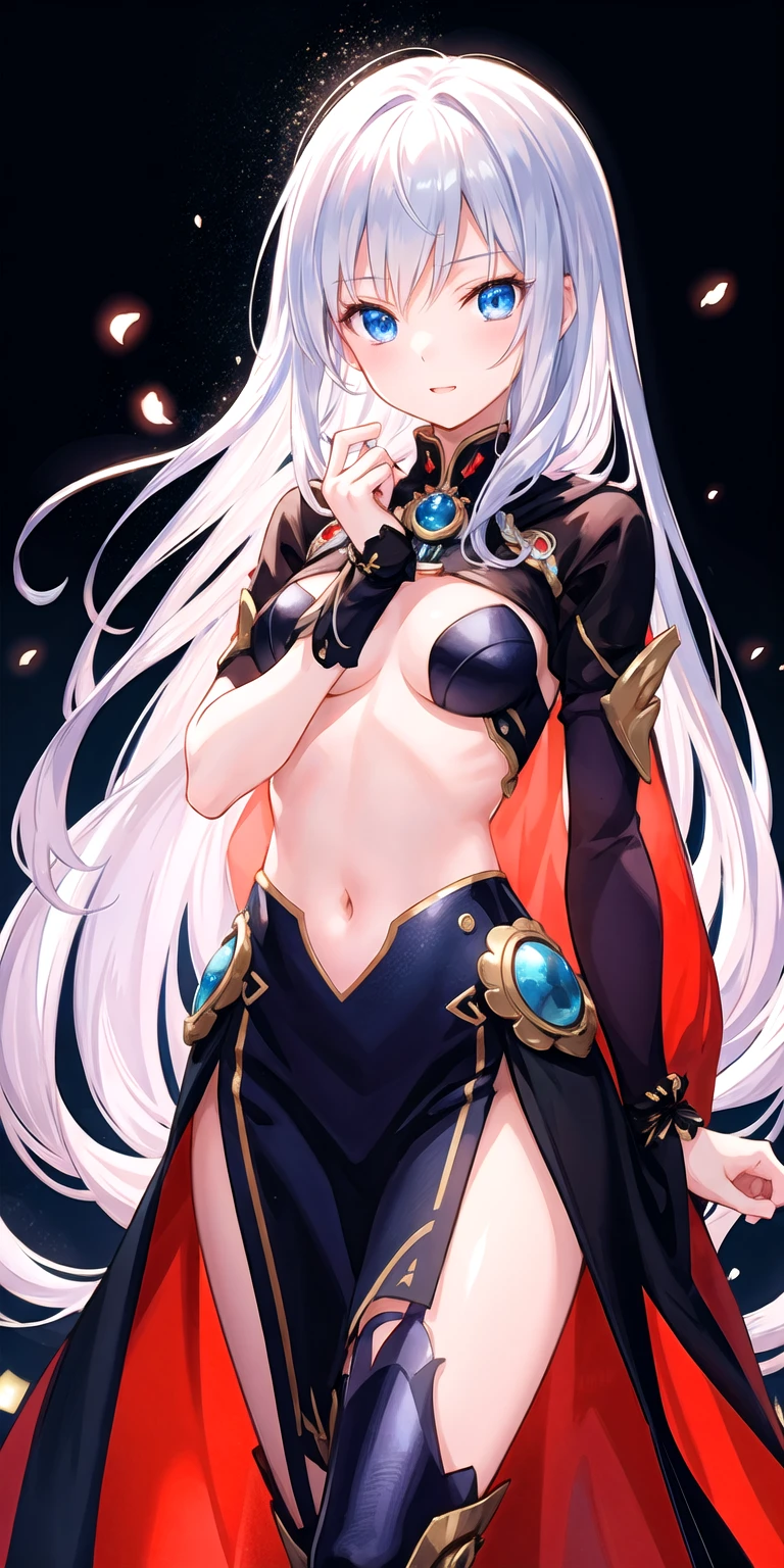((best quality)), ((masterpiece)), (detailed), perfect face, Slim female elven or human with long flowing white hair wearing outfit of Shuten Doji from Fate Grand order combined with a witches outfit with large hat, cloak hanging from shoulders, Long flowing hair, full body picture, bare midriff and cleavage
