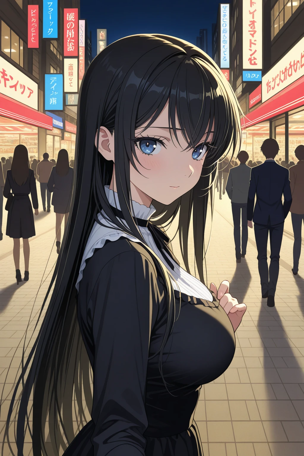 (highest quality:1.2, Anime artwork, Very detailed, High Detail, digital coloring, High Contrast, masterpiece:1.2, highest quality, Best aesthetics), (((kitagawa marin, 1 girl))), Black Hair, Straight long hair, Pink gradient hair, empty eyes, Earrings, White shirt, Black choker, Blue tie, Checked skirt, Pouting, slouch, Are standing, Cowboy Shot, bustling street, 