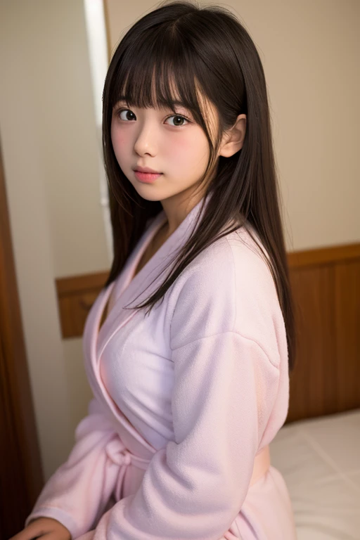 (Best-quality, Masterpiece, Ultra-High-Resolution, (Photorealistic:1.4), Raw Photo, depth of field, professional lighting, perfect ???????, extremely details), 1girl, 12-years-old, the most famous Japanese idol, ((in extremely cute interior room, on large-bed with cute-design)), ((extremely tattered summer-clothes, extremely ragged summer-clothes)), (extremely cute face like the most popular Japanese idol, ((extremely cute and extremely big black eyes)), extremely beautiful black-long-hair, ((extremely beautiful and extremely realistic skins)), extremely cute long-eyelashes, extremely cute lips)