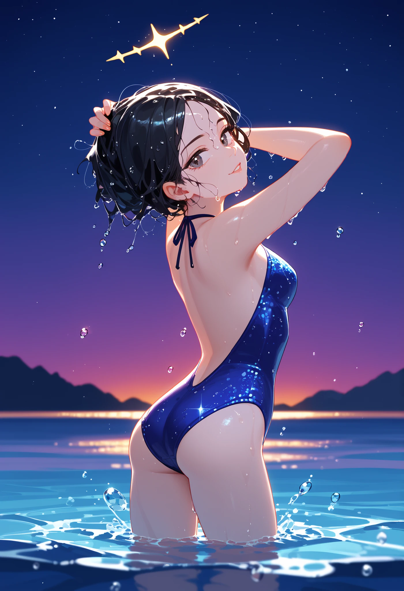 ((Highest quality、masterpiece、8K、Realistic、超High resolution、Very delicate and beautiful、High resolution、Cinema Lighting))、hourglass figure:1.6、At the sea in the moonlight、((A woman is combing her hair:1.6)), ((Back view:1.8)), ((look back:1.6)), She has long hair、The hair is wet with water drops。(Fascinating swimwear design:1.8、Drops of water glisten on her back)。In the background you can see the clear blue sky and the moon.、The surface of the water is undulating、shining brightly。The woman's pose is natural and relaxed.、The overall atmosphere is like a refreshing summer day.