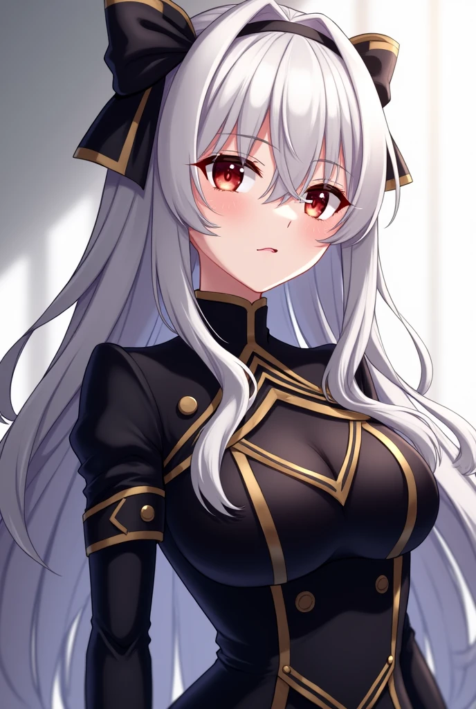 masterpiece, best quality, expressive eyes, perfect face, white hair, black jacket, cat ears, cat eyes, yellow eyes, long hair, huge breasts, one female