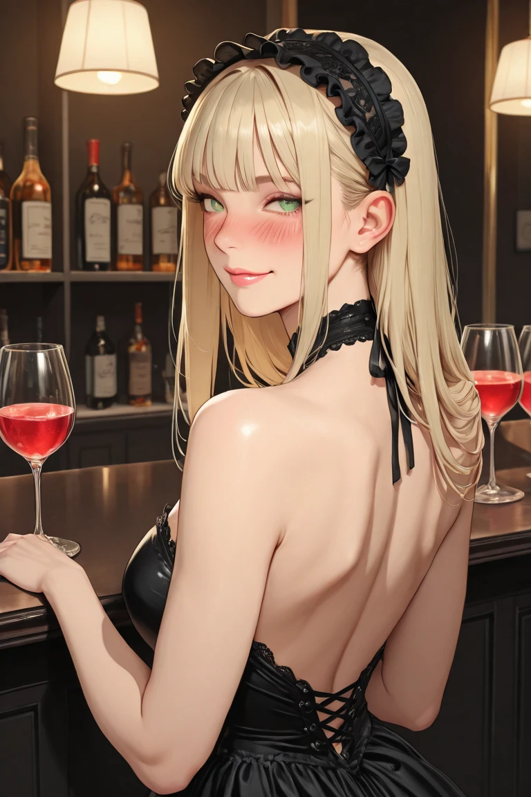 (bar) (night) hyperrealistic 14 year old american teen, blonde, perfect tiny body, sexy, dark makeup, perfect slim face, big red lips, very cute face, tiny body, big eyes, young looking, childish looking, tight black dress, big breasts, deep neckline, holding a glass of wine, sitting
