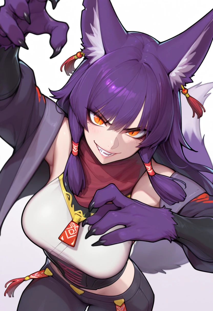 a purple and red wolf female,furry with gold markings,long dark purple hair,fangs,revealing dress,red eyes,attractive,seductive look,anthro,best quality,4k,8k,highres,masterpiece:1.2,ultra-detailed,realistic,photorealistic,photo-realistic:1.37,HDR,UHD,studio lighting,ultra-fine painting,sharp focus,physically-based rendering,extreme detail description,professional,vivid colors,bokeh,digital painting,concept art