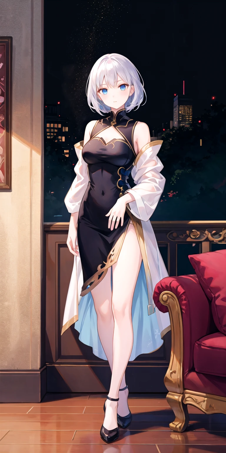 Adult woman, black hair in a bun, covered eyes, Luxurious open dress, white lipstick, ballet, Mask on the eyes, Masterpiece, hiquality