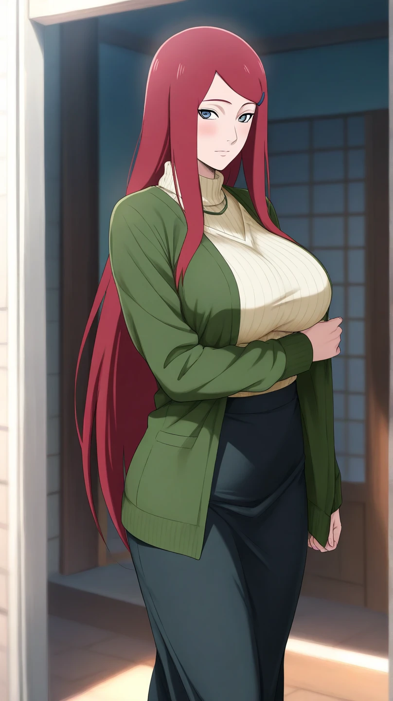 Uzumaki_kushina,huge breasts, beautiful face:1.3,butt hole,navel, cleavage ,bellybutton,off the shoulder:1.8,body facing front,full body shot,standing straight,greenskirt,black t-shirt,green shirt:off shoulder 