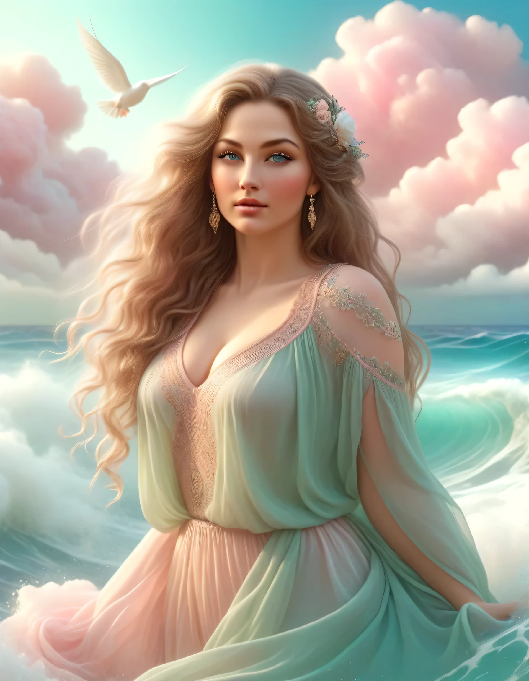 (ocean and big pink fluffy clouds background), (highres), (Masterpeice), (A beautifully detailed woman with long flowing light brown hair), pale pink acient greek clothing, (curvy body, perfect breast, thick thighs, small waist,big butt) pale skin, (detailed Greek facial features), light pink makeup, detailed sea green eyes, long brown eyelashes, detailed lips, Aphrodite asthetic, pink roses and white doves behind her.