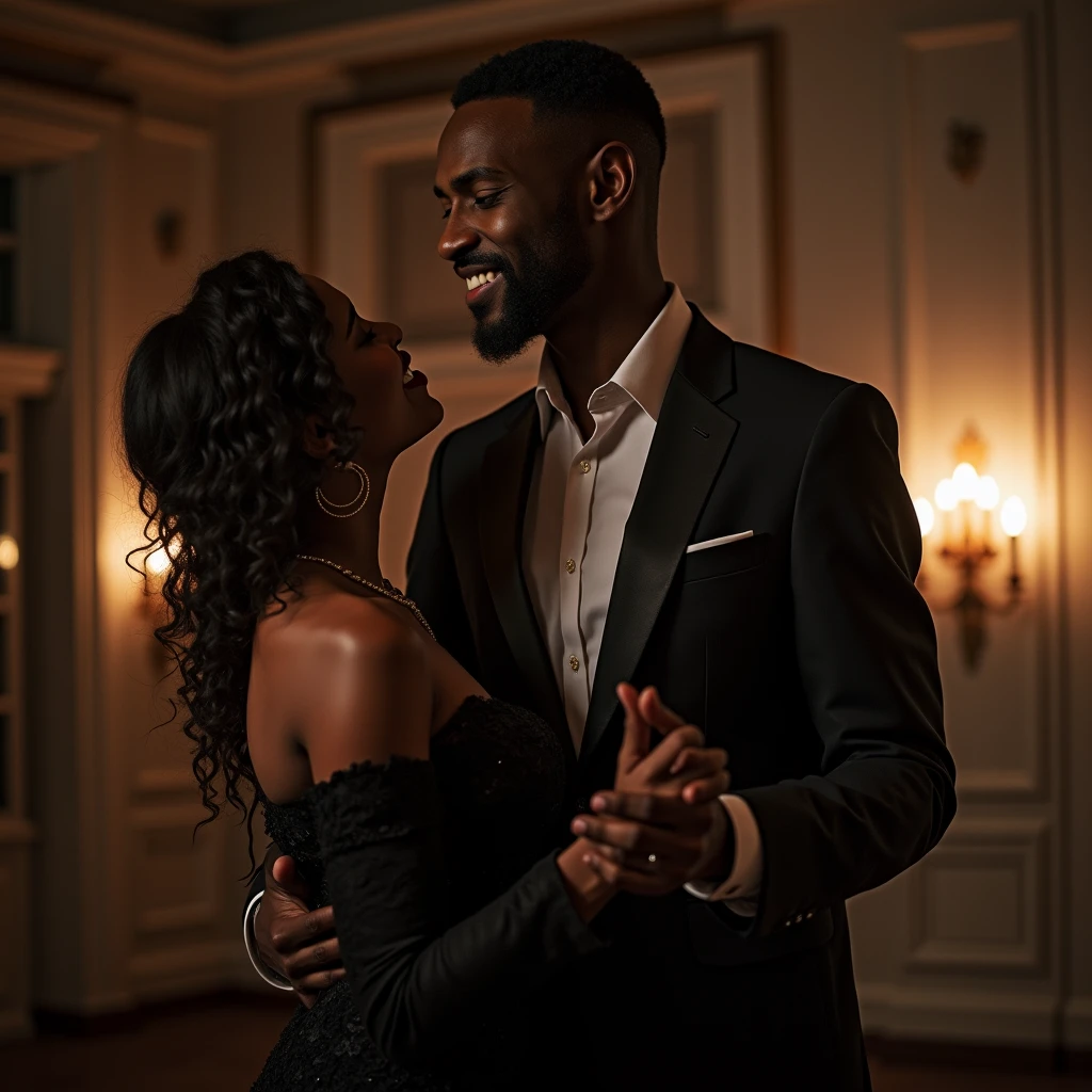 "A African American man with beard dancing with a natural hair African woman at all black gala. His sharp all Blue suit. Her sharp blue dress. The chiaroscuro lighting casts dramatic dark shadows, emphasizing his power and wealth in urban Washington DC"