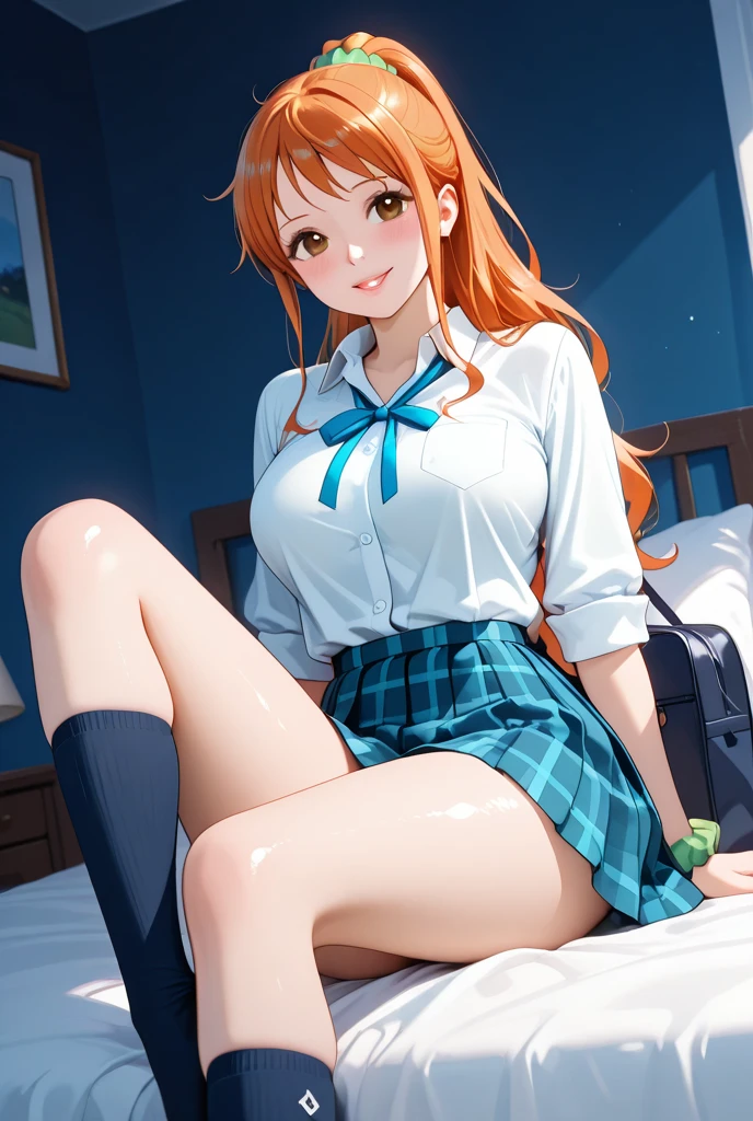Nami from the anime One Piece sits on a desk with her legs spread in an M-shape, her right hand is between her legs, and her miniskirt and panties are visible.