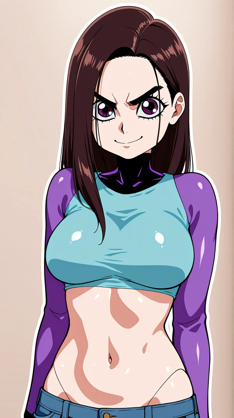 1990s, (masterpiece), high-definition, detailed face, korean girl, abs, (big tits: 1.4) big hips, messy (dark purple and blue hair), orange eyes, grey turtleneck sweater, jacket, (red tight skirt: 1.3), belt, (thong: 1.4), thigh high stockings, boots, fishnet, dinner, sunset