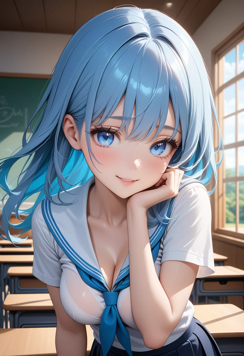 magical girl, beautiful eyes, long light blue hair, school girl, breasts, wet, teaching viewer, focus on face, tareme look down, smile, perspective, masterpiece, in school room, afterschool, evening, best quality, netorare