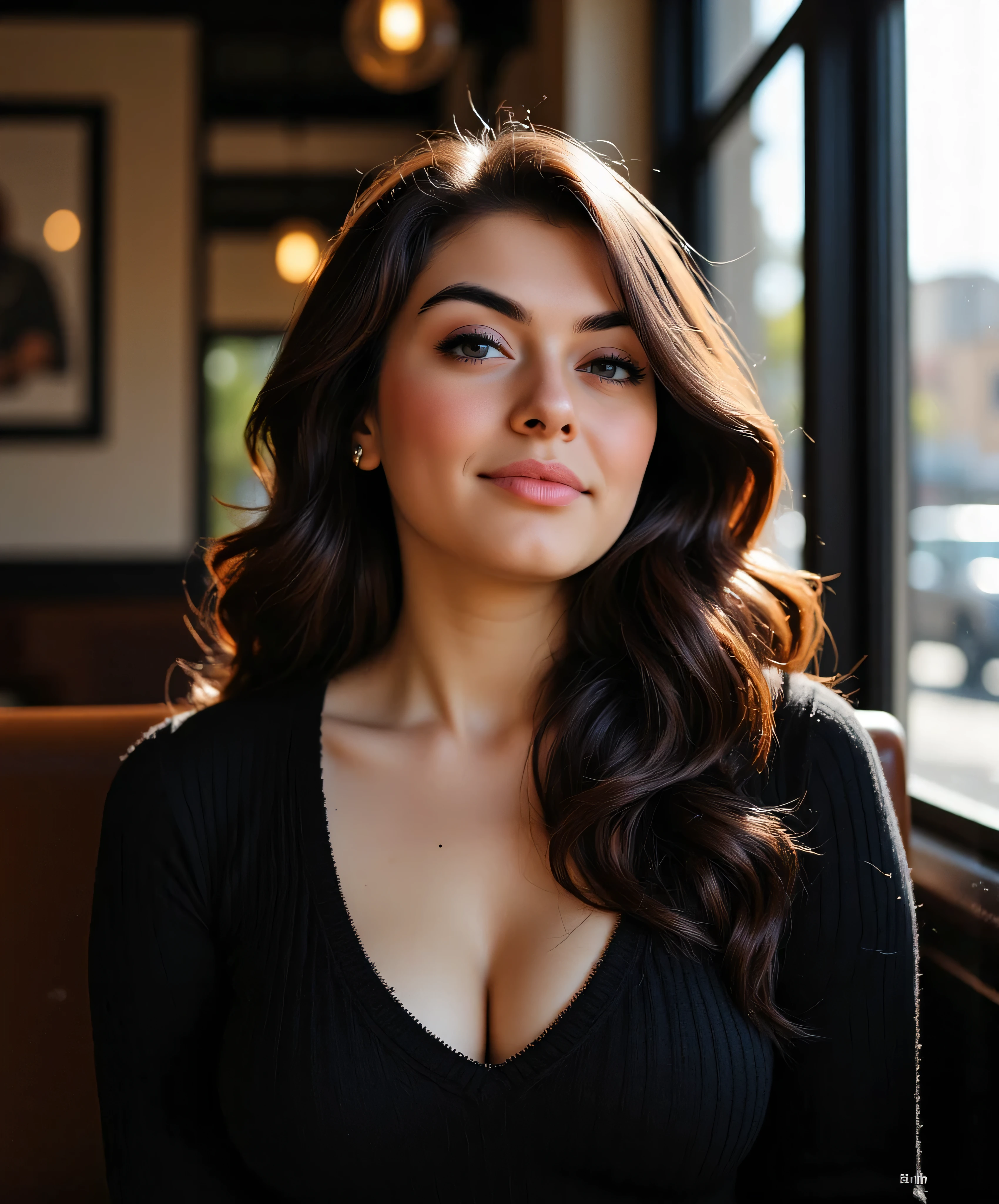 close-up headshot portrait shot on Fujifilm XT-50 of a brunette woman wearing a ribbed-knit sweater sitting in a cozy cafe solo, 1girl, alluring gaze, mouth closed smirk, young woman in her early 20's, looking at viewer, long hair, smirking, tight sweater, face focus, black tight sweater, PLUMP DSLS LIPS curly hair, long hair, warm lighting, dynamic sunlight coming in from window next to the booth, over-exposed image, high dynamic range, sub-surface scattering, bright scene, nose ring, freckles Niji Stan Katayama Style .ultra realistic, natural skin textures, photoreal,