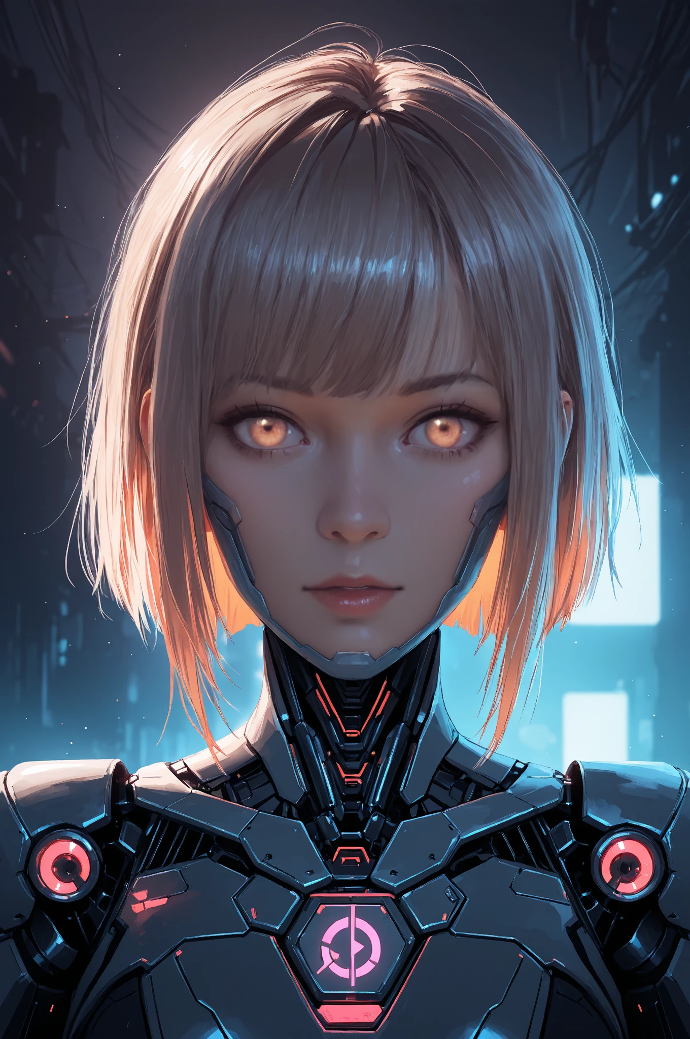 a portrait of mecha female vampire in a dark gothic cyberpunk church, an exotic exquisite beautiful mecha female vampire, dynamic hair color, short hair, dynamic eyes color, intense eyes, glowing eyes, dynamic eyes color, wearing intricate mech armor, delicate mech armor, delicate blood veins in the armor, wearing thigh high heeled boots, dark gothic cyberpunk church background, vibrant, Ultra-high resolution, High Contrast, (masterpiece:1.5), highest quality, Best aesthetics), best details, best quality, highres, 16k, (ultra detailed: 1.5), masterpiece, best quality, (extremely detailed) RAW, (ultra details, Masterpiece, best quality),