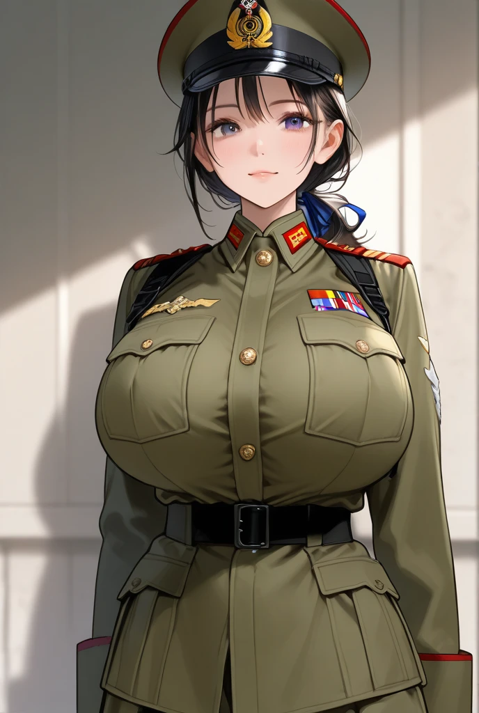 masterpiece, best quality, 1girl, solo, large breasts, (breast implants, fake , unaligned breasts, perfectly round breasts), SFW, military uniform, standing, cowboy shot, looking at viewer,