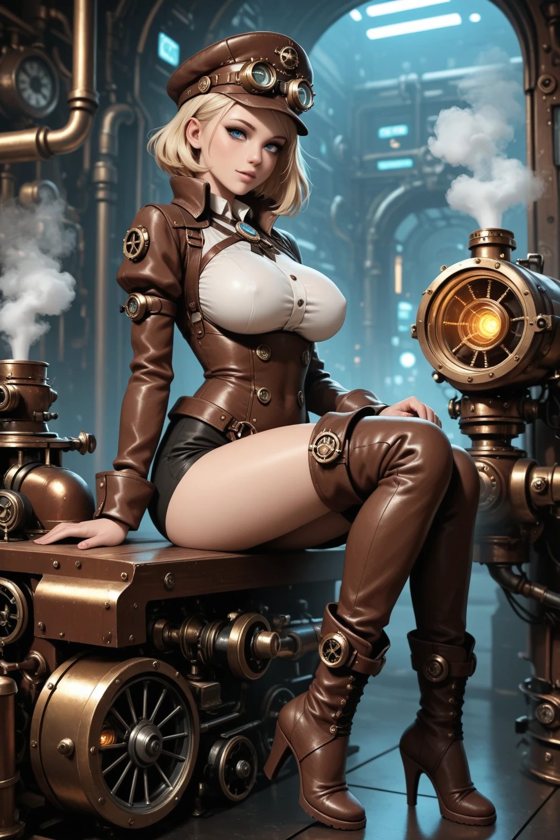 1 young beatiful girl,siting on a steampunk plane,(masterpiece, best quality, highly detailed, trending on artstation,intricate), detailed eyes, steampunk background city, steampunk sexy intricade detail clothes, looking at viewer,sensual face,AVIATOR CLOHTES, aviator HELMET, aviator JACKET, blonde, smiling, cleavage, skin indentation, giganticnatural sagging breast, cameltoe marked,