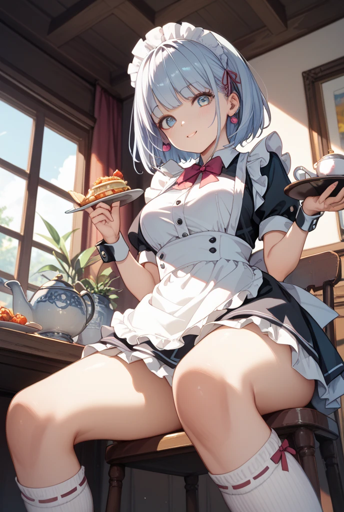 Anime Kawaii sexy Perfect Slim sensual body large breast and huge thighs, An intricate and highly detailed illustration of anime (Young girl)  (Masterpiece, best quality), (ultra high resolution, 8K RAW photo, photo realistics:1.5, textile shading, thin outline), Beautuful Matured woman preparing tea-time, (tea set, tea pot, tea cups), wearing traditional sick maid uniform, maid costume:1.2, long flare skirts, apron, Tall and long legs, long white hair, wearing rimless grasses, (milf:1.5, 28 years old, solo), (large breast, sagging breast, big , narrow waist), (long white hair, hair over one eye, half updo, asymmetric hair, wavy hair), (bright pupils, detailed eyes, high detailed face, Perfect face shape, eye rush), (seductitve smiling, half-closing eyes), (looking at viewers:1.3), (dynamic angle, tighs focus, from side above:1.2), (correct anatomy:1.5, correct hands), (ideal ratio of body proportions),