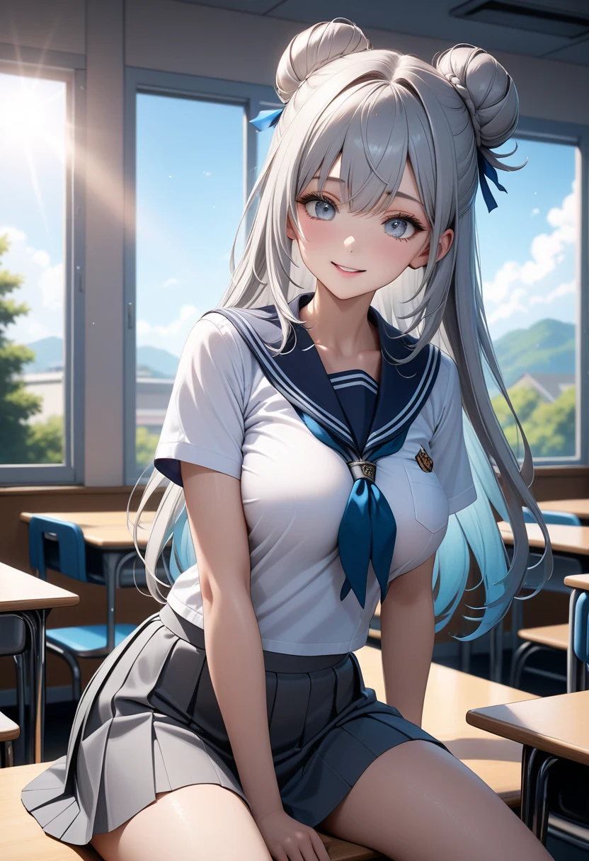 Photo, gray-haired girl stands in front of the camera, standing straight, Ponytail, Perfect body, press, 4-pack press, school uniform, 8K, Best quality, One girl, 20 years, Blue eyes, At school