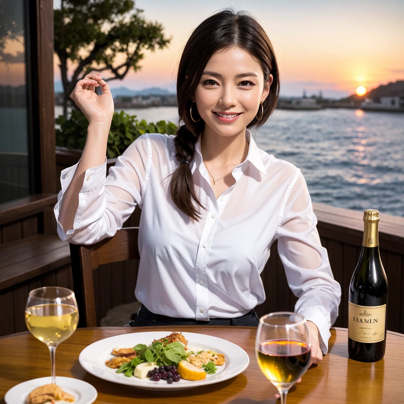 ((Highest quality、8K、masterpiece:1.3))、slimカップル、Pink rubber、modelカップル、(Realistic, Intricate details:1.2), full-course dinner、Wine Party、Amazing view of the sunset sky and clouds、A bright smile、The wonderfulness of smile、Bright image、The beauty of wine, Beautiful Face, blue eyes, The light shines on your face, Blushing, short hair,Bright Face、 (Age 37), 39 years old, red wine 、Appetizers、Italian food、Wine bottle、Champagne、sparkling wine、Two beauties、Brown Hair、Shortcuts、Long sleeve shirt、dress、Beautiful woman 1, (slimな顔), (The body is slim), (Brown Hair), (Shortcuts), cheeks turn a little red,Attractive beauty、restaurant, In a prominent place (From the waist up) Nova Frog Style, actress, model, Upper Body, White wine, slim, wine glass, 中央に置かれたwine glass, smile, (smile: 1.15), Beautiful fine grain, Depth f/2,saturation, High Contrast, Strong light and shadow,Moist Body:1.5、3D texture、Delicate eyes、Brown Hair、The hair is very shiny、