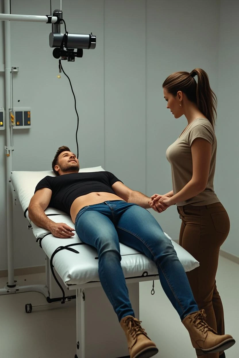 A realistic image of a man lying on a treatment table, undergoing electrostimulation therapy. He is in a relaxed position, with electrodes placed on his abdominal muscles. The setting is a clinical environment with soft lighting and medical equipment in the background. The man has a focused expression, reflecting his engagement in the therapy session. His body is fit, showcasing defined abs, and the electrodes are connected to a small device displaying digital controls. The overall mood is calm and professional.