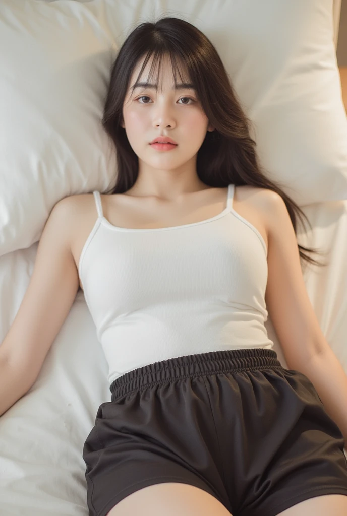 ((highest quality, masterpiece :1.3)), Photorealistic、Ultra-high resolution、Natural skin texture、Hyperrealism、Near Movies、Beautiful Japanese girl in her early teens、One girl、Tight crop top、Lying in bed、Frightened expression、Tears flowing