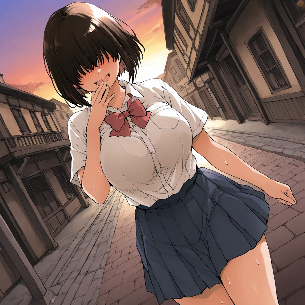 (NSFW:1.3), realistic, photo realistic:1.2), ((highest quality)), beautiful face details, real human skin, gentle expression, realistic, photorealistic, move the center of gravity backwards, pretty embarrassing, nadeko01, medium hair, brown hair, brown eyes, bangs, blunt bangs, Shirtless, (Navy Blue Bloomers:1.2), Hands on breasts, Tiny Breasts, town, street
