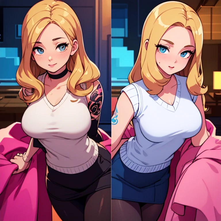 (masterpiece, best quality, high resolution, 8k), cowboy shot, BREAK, girl style anime, well defined eyes, high definition eyes, perfect body, perfect anatomy, eyelashes and black shadow under the eyes, detailed, round eyes with eyelashes and highlighted eye shadow, BREAK, alluring eyes , beautiful face , crystal green ligth eyes , long hair , jinx hair, women (medium wavy hair, bangs, Blonde hair)), ((detailed face, blush:1.2)), medium breasts, angle dynamic, perfect body, ((red turtleneck sweater、brwon Tight dress pants, cute necklace、earrings、)), top grade、Shy smile, ((((dancing among a lot people)))) at a house party with colorful balloons and confetti and people.