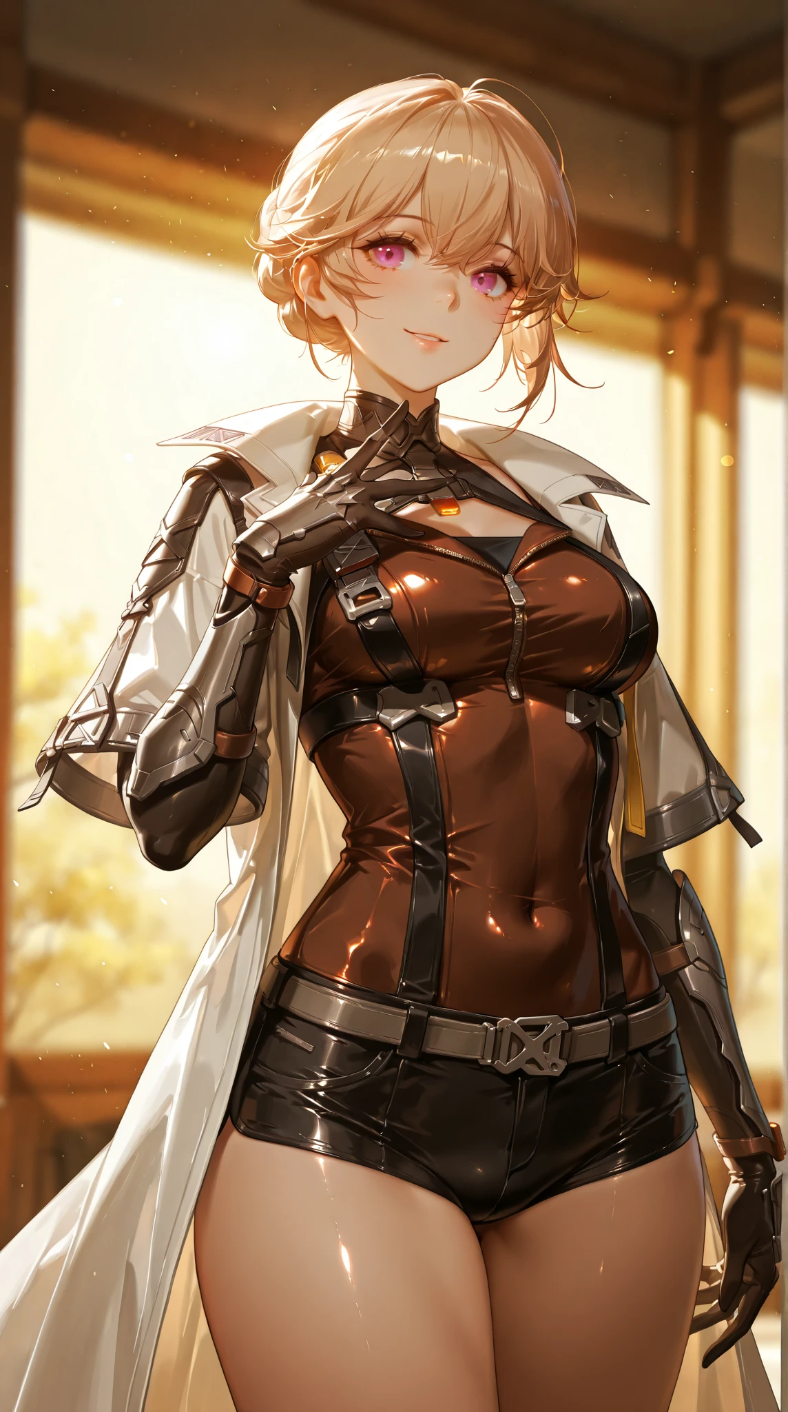 girl, White blouse, mini skirt, Black Pantyhose, white overcoat, Are standing, Glamorous clothing, Complex clothing,, A familiar face, Brown and gold tones, Day、Braided Hair、I-cup breasts、Protruding chest、Protruding buttocks、Red color hair、Short Hair