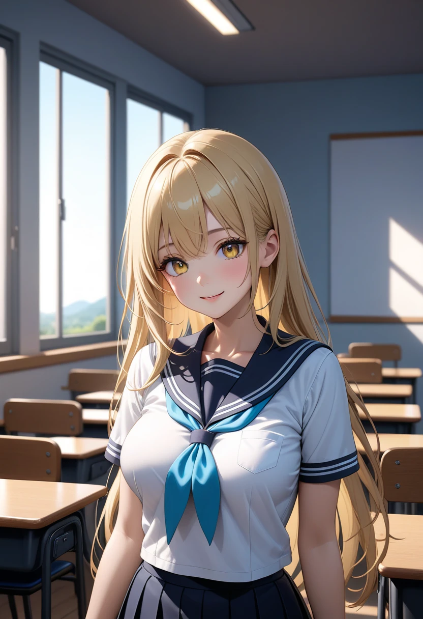 masterpiece, best quality, kitagawa marin, 1girl, blonde hair, long hair, multicolored hair, red eyes, jewelry, earrings, piercing, , white shirt, tied shirt, black choker, blue necktie, plaid skirt, indoors, inside, classroom, open smile, pose, desks