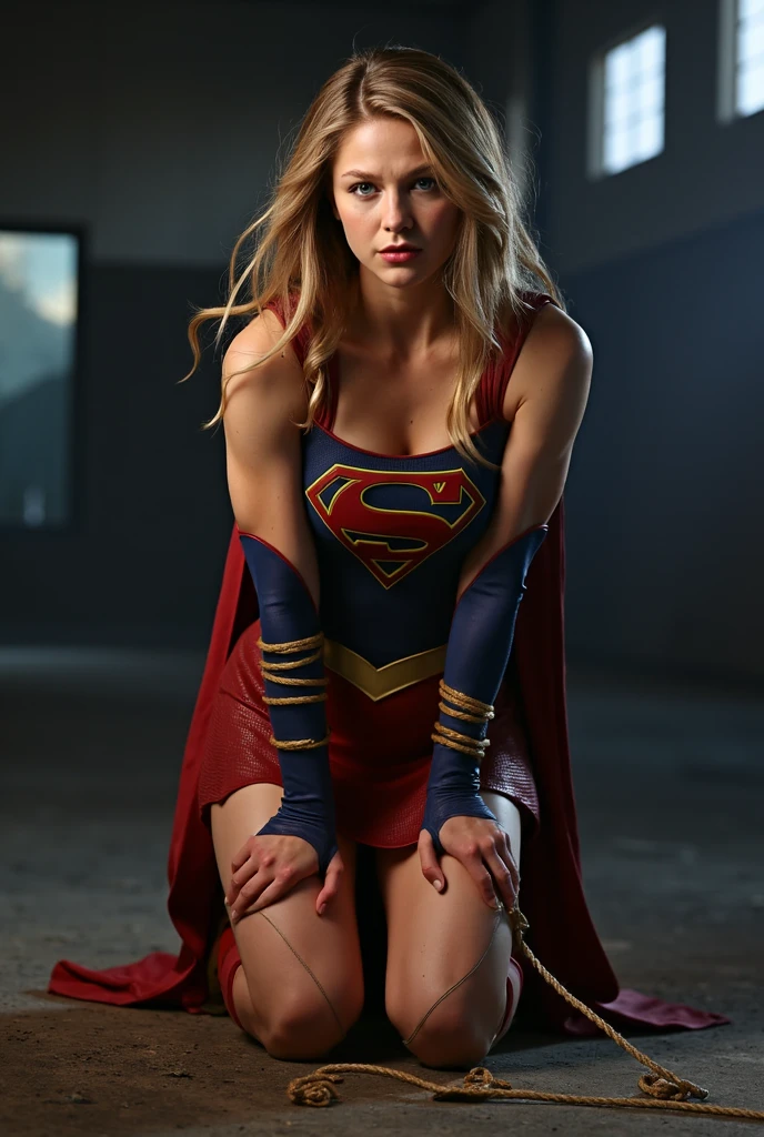 Supergirl squatting, gently biting your lips, blonde hair long, shining blue eyes