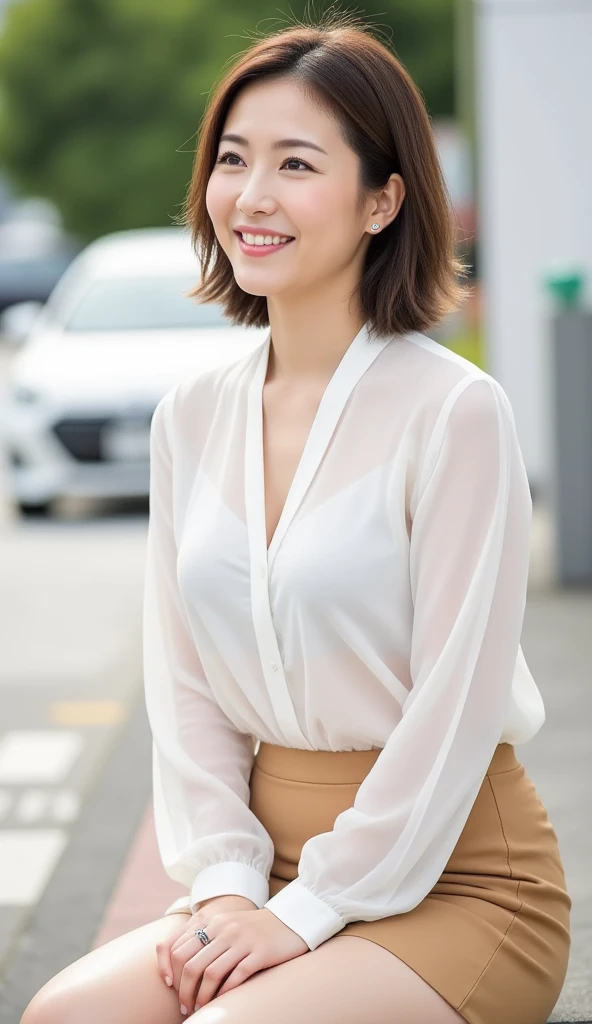 Highest quality、masterpiece、Ultra-high resolution、(Realistic:1.4)、Downtown Tokyo、woman、Standing woman、20-year-old, (((Leaning forward))),Grin、beautiful woman、blouse、Maxi Skirt、Close-up photo focusing on upper body、