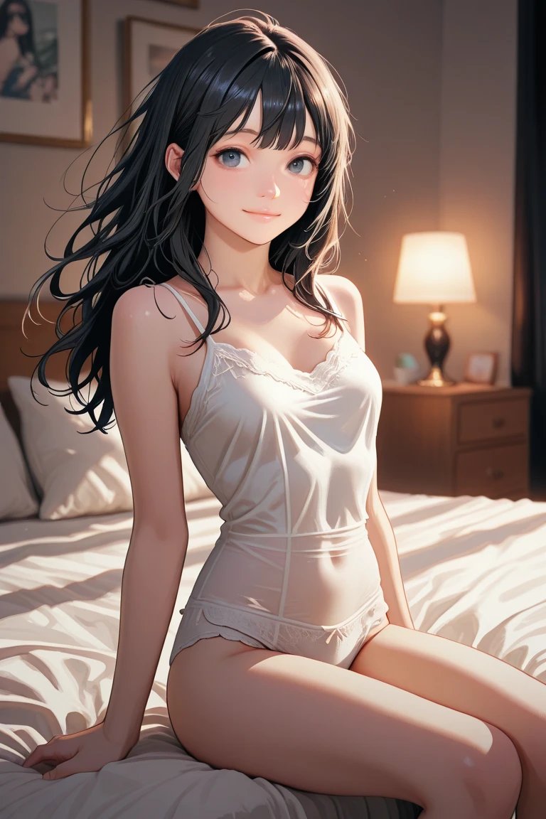 (masterpiece:2.0), (highest quality:2.0), (Sitting naked in bedroom:1.3), (Tiny T-back camisole dress:1.5), (Slightly transparent:1.5), (Ultra-thin fabric:1.5), (fully exposed shoulders:1.5), (fully exposed nape:1.5), (side view:1.5), (Super Sexy Pose:1.5), (blushing face:1.3), (spill :1.4), (realistic:1.5), 1 , precise small needle, embarrassed look, light smile, Very cute girl, baby face, clear eyes, shining eyes, small breasts, I can see the cleavage, I can see my crotch, no pubic hair, beautiful skin, Super fine, highest resolution, Japanese high school student, brown hair