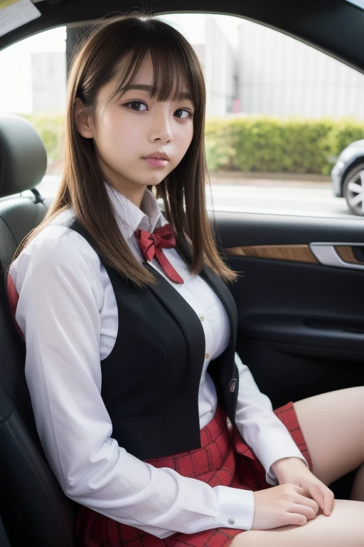 Girl cornered in the back seat of a car,one's legs spread ,hand job a pussy,look at someone with disdain, expression of dislike,very excited violence, ,Age 18, gyaru make, body covered in bruises,Removed clothes are on the ground,panty, student, uniform