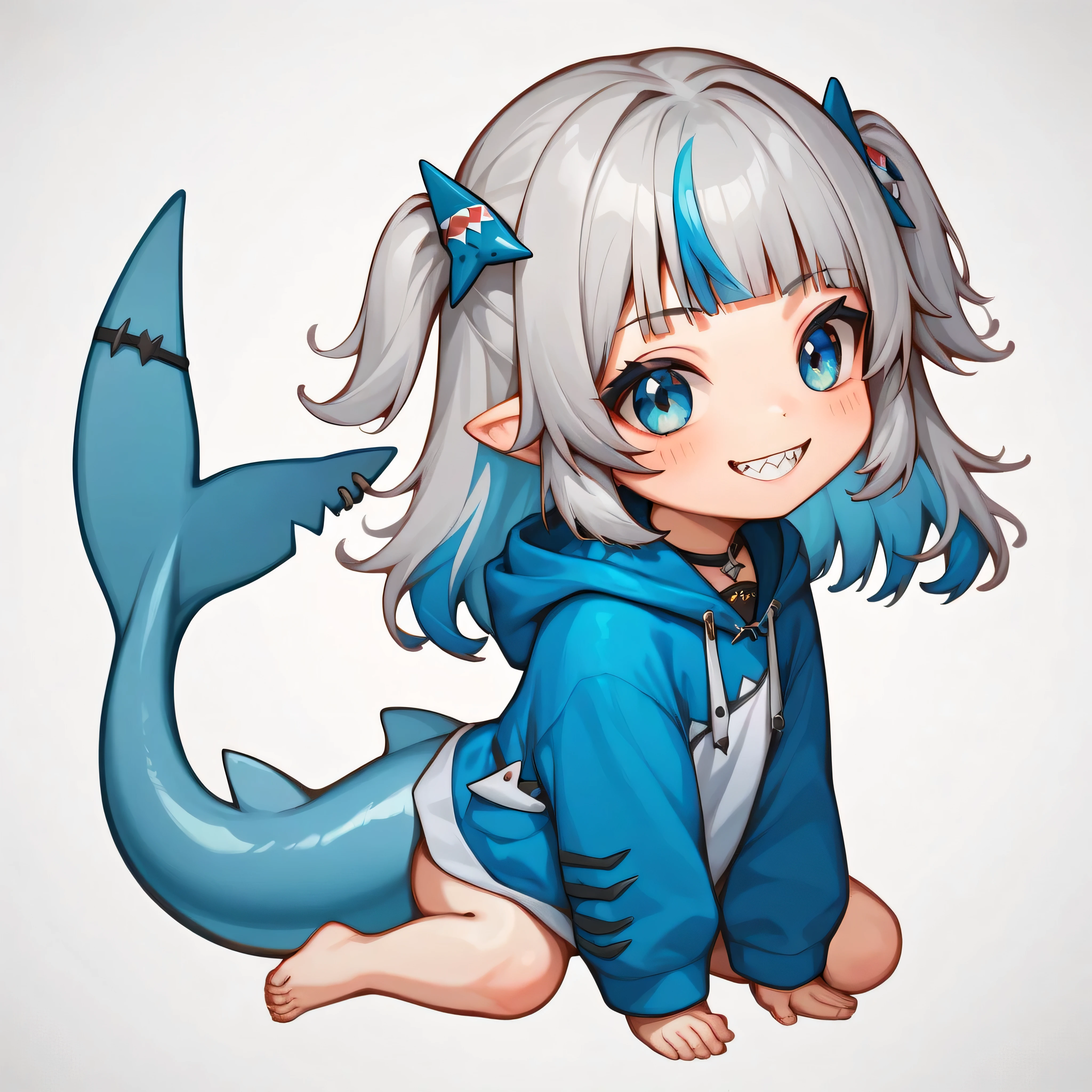smile, :d, chibi,full_body,(masterpiece),(best quality),1girl, gawr gura, virtual youtuber, tail, fish tail, shark tail, solo, blue eyes, multicolored hair, grey hair, full body, blue hair, streaked hair, bangs, hair ornament, shark hair ornament, two side up, white background, hood, blunt bangs, shark girl, hoodie, simple background, blue hoodie
