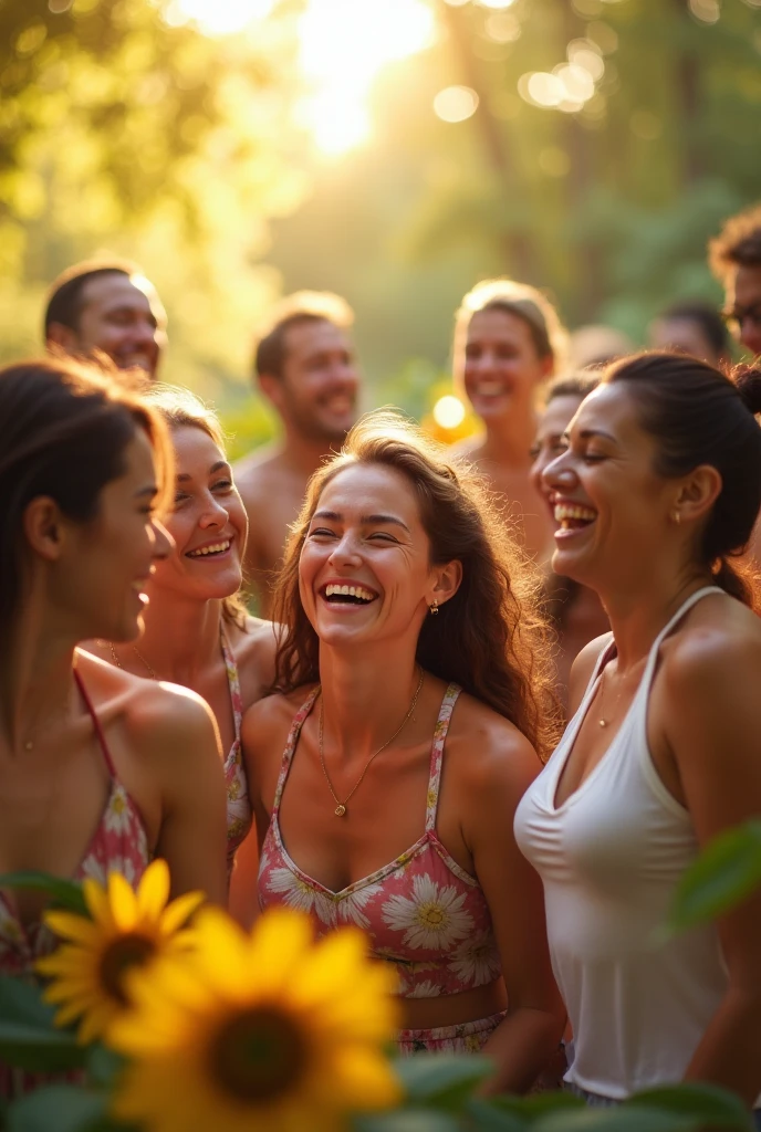 black hair, White skinned, black sweatpants, barefoot, braless woman having picnic with male friends. 