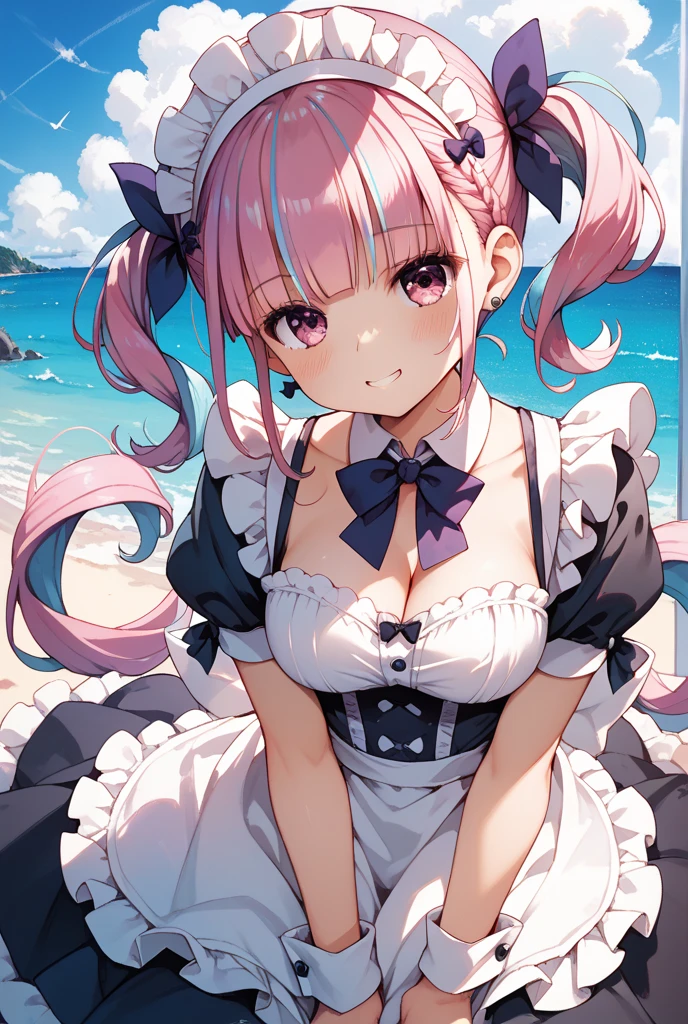 masterpiece,highest quality,(Super detailed),written boundary depth,perfect sentence, Detailed CG,Super detailed,(highly detailed eyes,very cute face,highly detailed face:1.3),beautiful anime girl,(solo girl:1.9),(super huge breasts:1.9),(pink hair,low twin tails:1.5),(light blue eyes:1.3),(smile full of joy:1.3),open your mouth,show viewer,break,(white ruffle dress;1.5),ruffle headdress,Clothes with a wide open chest,off shoulder,removable sleeve,bell sleeve,choker with frills,pink corset,Ruffled Micro Mini Skirt,ruffle hair ribbon,break,grassland,blue sky,distant mountain々,petals are dancing