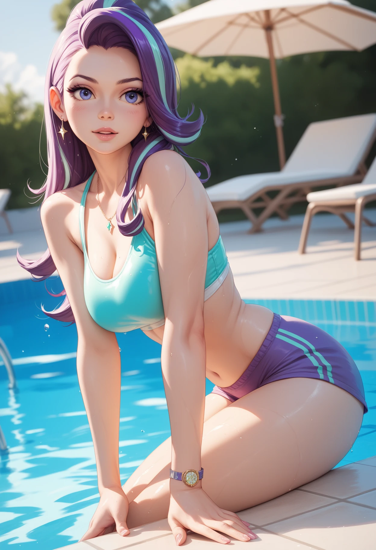 I take a shower older sister Swimwear Cold bath Immerse Lots of water splashes Purple Hair