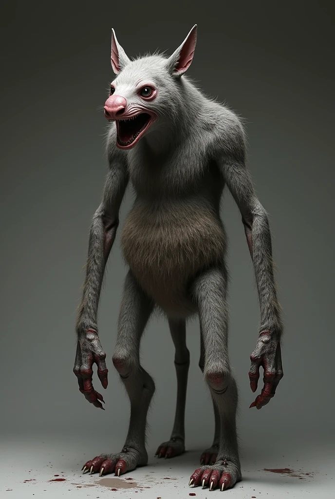 Creepy and scary creature designs、He has a fat, weird body.、Hands and feet with sharp claws、There are eyes on the face、Blood is dripping from his mouth、Darken overall、Has a frightening appearance、It appears in horror and suspense stories.、Symbolizing the fear of the unknown、A rotten, deformed mass is tangled at his feet.、Looks like an ostrich、Whole body white