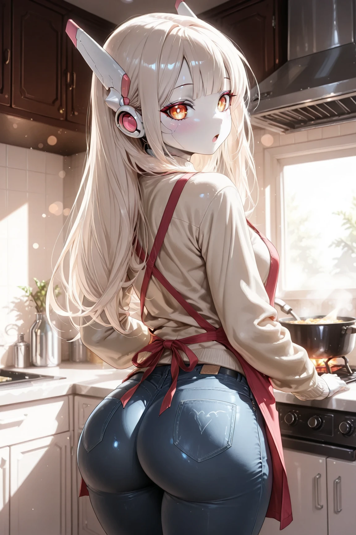 1girl, medium long white hair, red eyes, naked, big boobs, big ass, pussy, shower room, standing at the viewer, horny, looking at the mirror