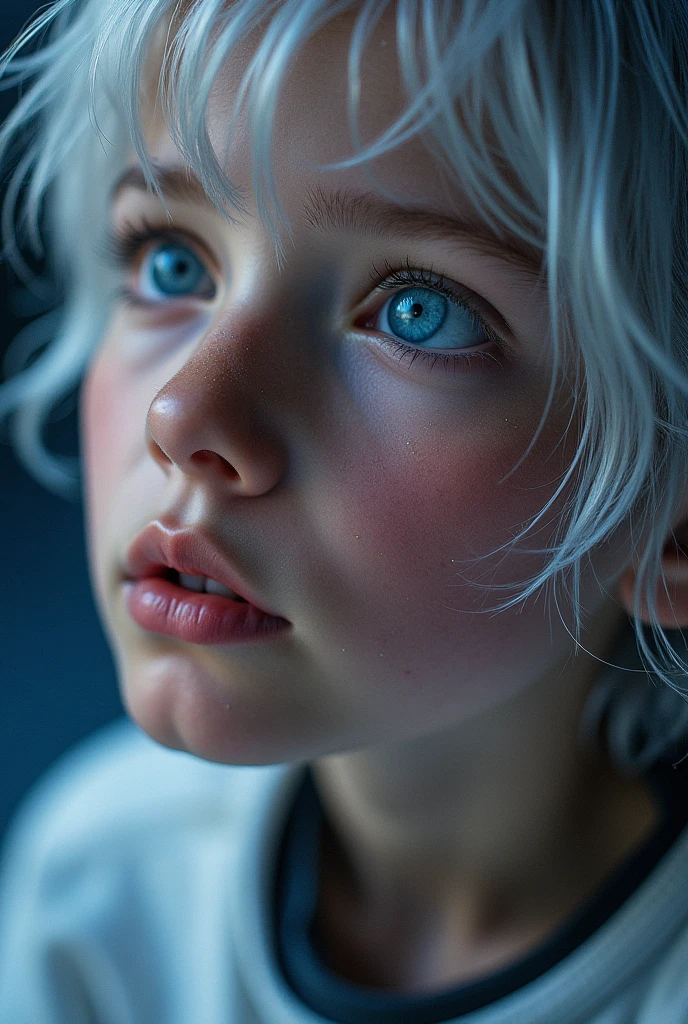 A little boy with light blue hair, a forehead sticking out, and a short ponytail tied behind his back is looking at us