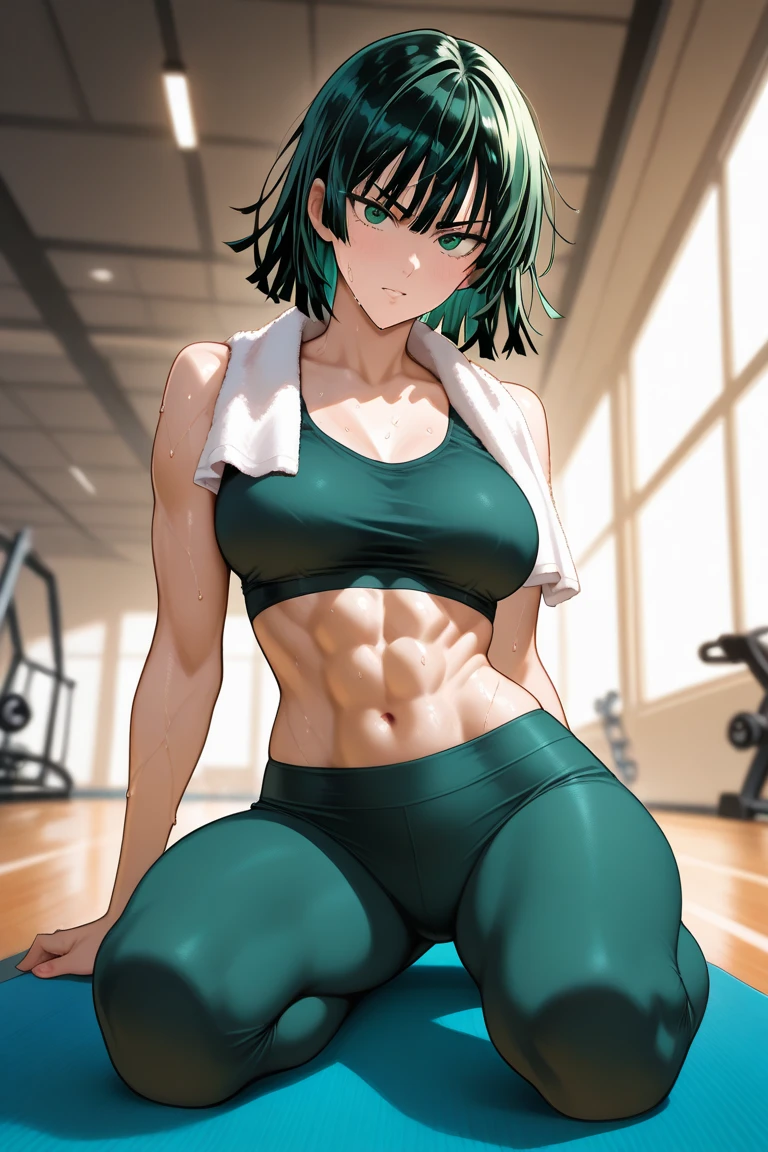 1 girl, izuku midoria as a stunning girl, short green hair, tight gym leggings and a white crop top, gym, high res, ultra sharp, 8k masterpiece