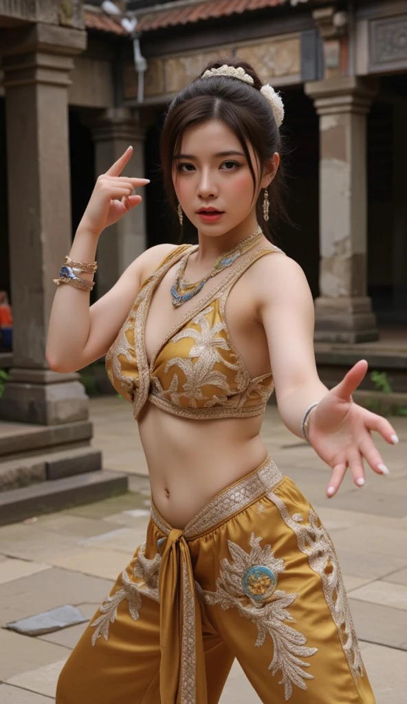 An ancient Chinese beauty, dancing, gorgeous costumes embroidered with complex embroidery, transparent long colored streamers tied on her arms, elegant, exposed belly button, bare shoulders, exposed neck, wreath, black hair bun and flower hairpin headband, Armbands are tied with ribbons, bracelets, anklets, metal chain tassels around the waist, Mogao Grottoes art, inspiration from Dunhuang Flying Apsaras murals, ink wash, cgstation pop --v 6