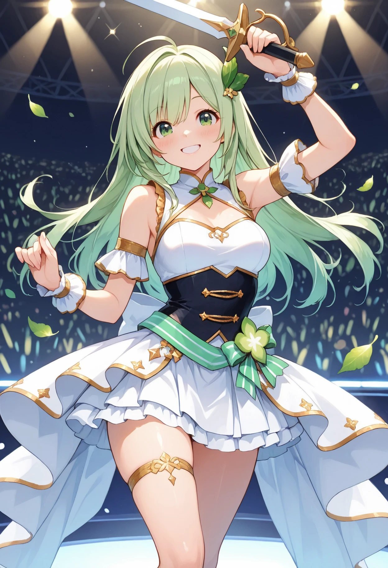 Cante e dance no palco,idolmaster,uma loira,olhos verdes,Garotinha,peito grande ,Vestido saia com babados branco e preto ,segurando o microfone,sweating,olhar feliz,cara vermelha,Parece divertido,O corpo molhado e pingando,,livestream,Sala de concertos