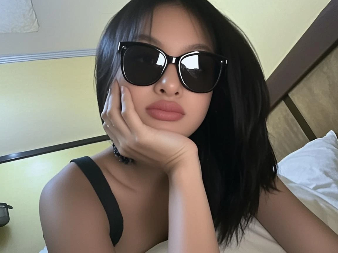 a close up of a hyper realistic woman with silky black anime hair, in a bikini and a hat, nicki minaj curvy, silky anime hair, anime straight hair, black straight hair, hyper realistic straight black hair, nicki minaj, selfie shot straight on angle, 2 , she is facing the camera, gorgeous woman, gorgeous lady, instagram selfie, 2 3 years oldld woman from cuba, cardi b, selfie, her cleavage exposed