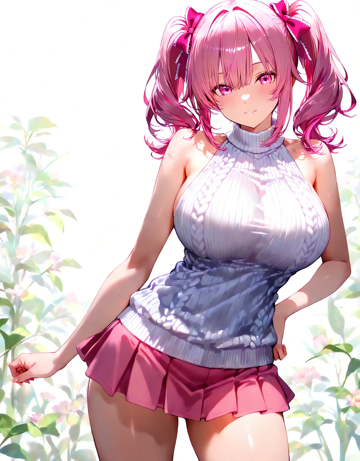1girl, natural lighting, masterpiece, highly detailed, illustration, game CG, absurdres, high quality, aichan, large breasts, beautiful detailed eyes, short bright pink hair, ponytail, bangs, light smile, frilly sleeveless top, collarbone, miniskirt, layered skirt, tiered skirt, outside, dynamic pose, one eye closed
