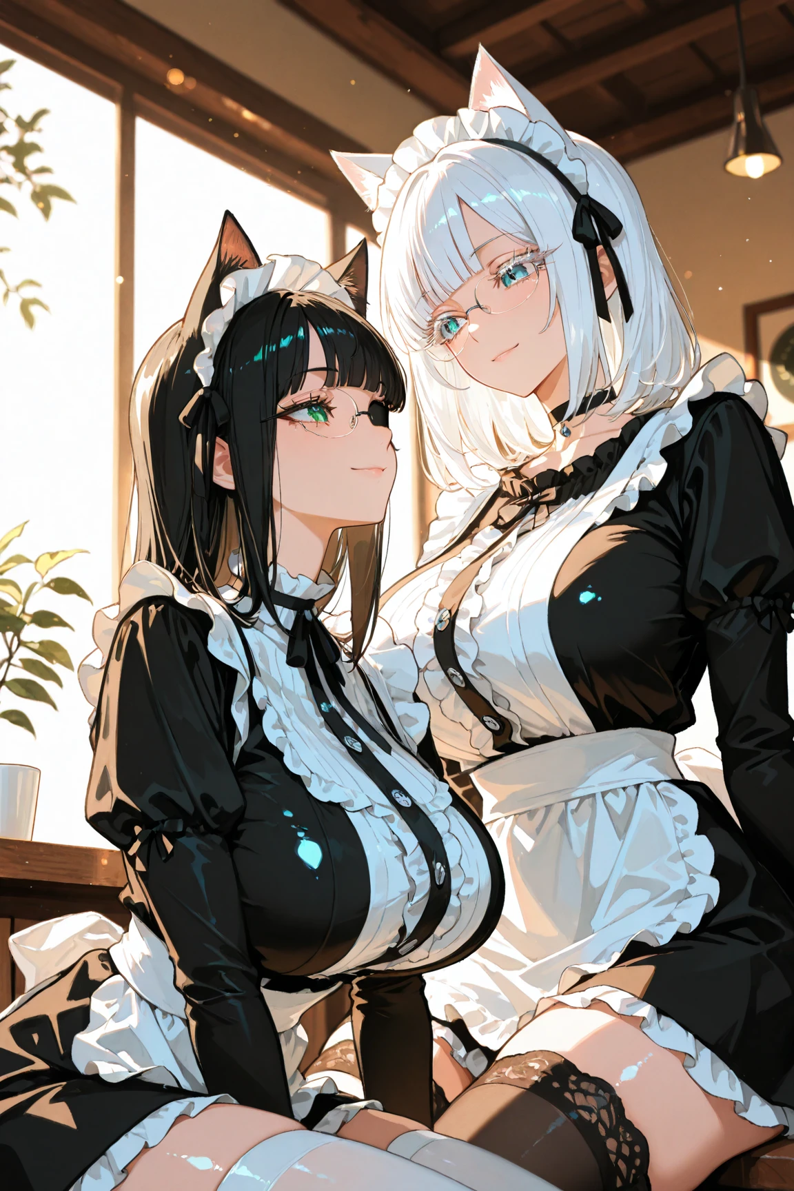Lori huge breasts cleavage, silver hair, maid headdress, heart-shaped pupils, cat ears, ahegao, drooling --auto