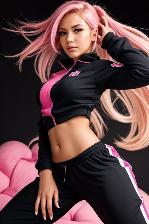 (8k photo, best qualityer) 1womanl, defined body, muslos grandes, t-shirt longa, pantyrose, hair ultra long, magenta hair, clear eyes.