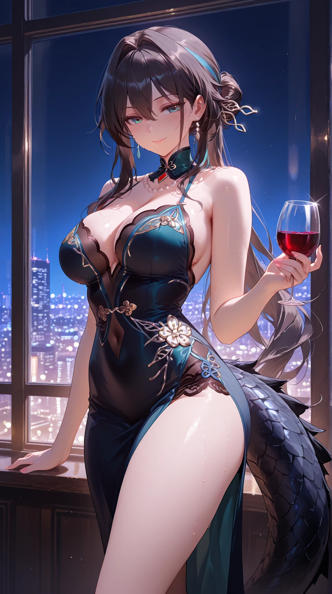 ((A sexy and beautiful woman holding a wine glass and looking at me on the terrace)), ((The cutest 22-year-old beauty)), Charming smile, ((Fireworks in the background) ), ((Very long hair) ), ((One piece with a lot of exposed parts)), ((Rich bust)), Gradient eyes, Seductive makeup, Single view, NFFSW, UHD, Retina, Masterpiece, Accurate, Anatomy Scientifically correct, textured skin, super detail, high detail, high quality, award winning, highest quality, high resolution, 1080P, HD, 4K, 8k, 16k