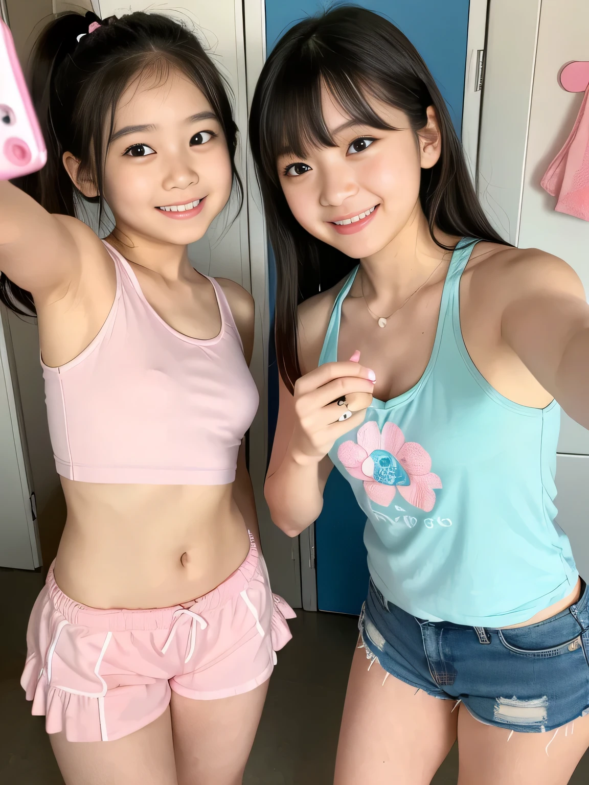 realistic, 2girls, ((selfie)), brown eyes, body close together, looking up, mouth wide open, smiling, face extra large zoom, sitting on bed, sexy, (bare shoulders), (covered nipples), (camisole), (dolphin shorts), (small breasts)