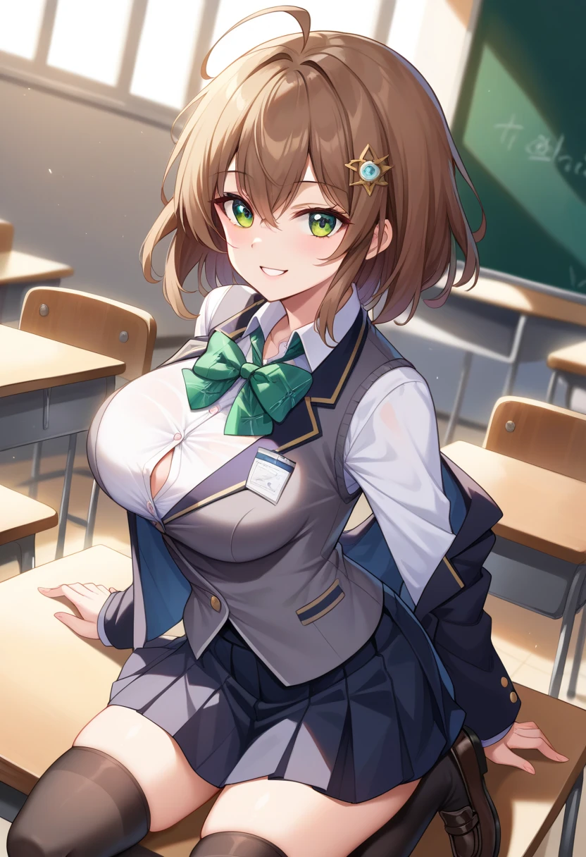 , green eyes, brown hair, short hair, hair ornament,, large breasts, live stage, solo,, Blazer uniform, nipple